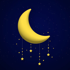 Fototapeta na wymiar Cute 3d crescent moon and stars garlands on night sky background. Square composition.