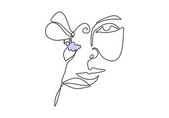 One continuous single line of abstract woman, flower and butterfly isolated on white background.