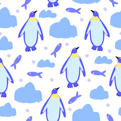 Seamless pattern of cute penguins, fish on pole isolated on white background.