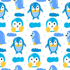 Seamless pattern of cute penguins isolated on white background.
