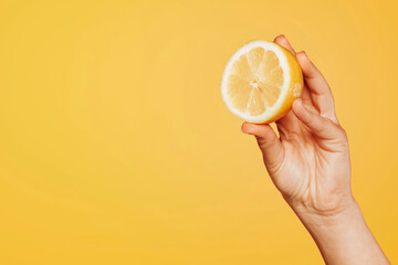 Close up of female hand holding a piece of lemon over yellow background. Fresh juice sour fruit, summer concept. Copy space.