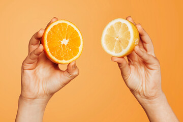 Close up of female hands holding a piece of orange and lemon over orange background at studio....