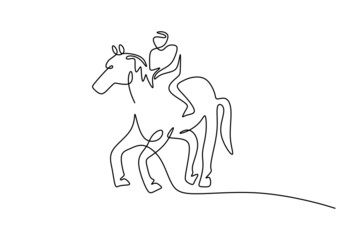One continuous single line of man riding big pegasus isolated on white background.