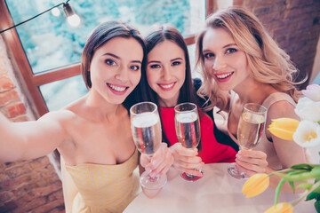 Photo of three pretty positive ladies make selfie hold alcohol glass enjoy occasion indoors