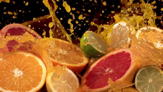 Slow Motion Shot of Citrus Fruits and Juice Splashing through Lemon, Lime, Grapefruit Slices