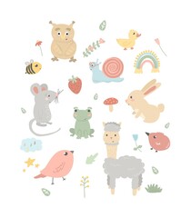 Vector hand drawn set of cartoon animals and birds. Illustrations of alpaca, mouse, frog, hare. cute animals.