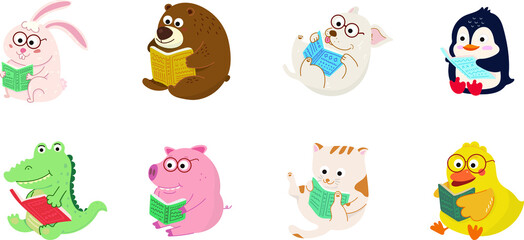Cute Cartoon Animal Characters Reading Books Set:dog,pig,cat,Crocodile,rabbit,bear,duck,penguin.Children educational illustration.