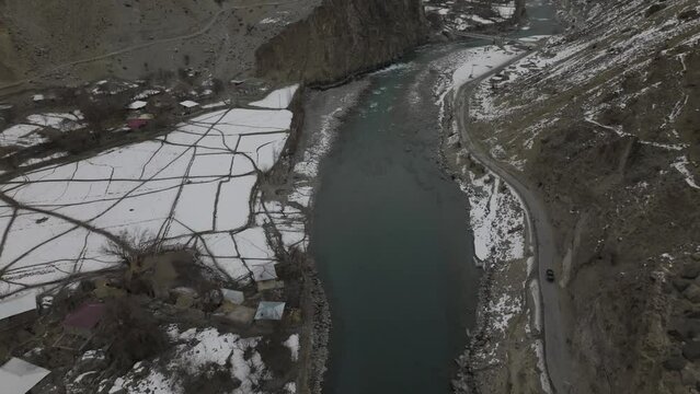 Top Down View Of Karakoram Highway Near Khunjerab Pass, Hunza Valley, Pakistan - drone static shot