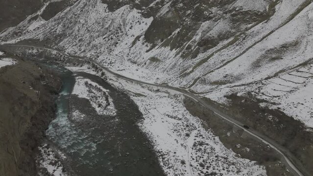 Aerial View Of Karakoram Highway Near Khunjerab Pass, Hunza Valley, Pakistan - drone shot