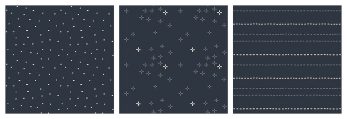 Neutral masculine seamless pattern set with small graphic elements on dark grey, almost black background.