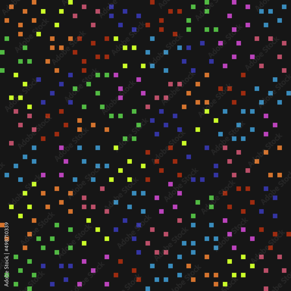 Poster Colored pixels embossed from the black canvas. Vector with simple and small pixels scattered in a chaotic manner.