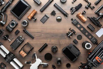 Short movie production essentials on wooden background with copy space in center. Different video making equipment for indie cinema production. Video production tools on brown table view from above.