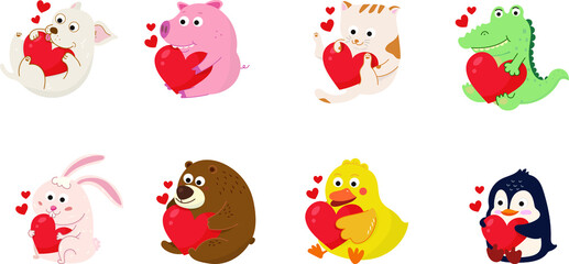 Cute Cartoon Animal Characters holding red heart Set:dog,pig,cat,Crocodile,rabbit,bear,duck,penguin.Lovely Animal in love on valentines day gives gift illustration