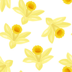 Vanilla flower background. Botanical seamless pattern with yellow orchids. Vector flat illustration.