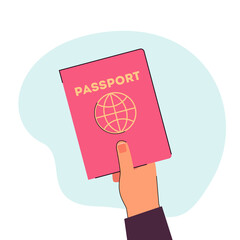Female hand holding passport flat vector illustration. Passport for travelling abroad. Document, identity, journey, trip concept for banner, website design or landing web page