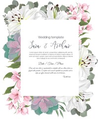 Vector floral template for wedding invitation. White lilies, pink magnolia, sakura, succulents, eucalyptus.