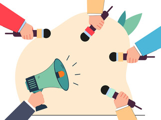 Hands holding megaphone and microphones flat vector illustration. Journalists recording interview. Announcement, journalism, mass media concept for banner, website design or landing web page