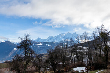 Haute Savoie, France, Alps, country of Mont Blanc, view on the snow covered mountain peaks in winter, Combloux, France