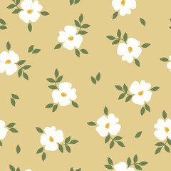 Seamless vintage pattern. White flowers, green leaves. Beige background. vector texture. fashionable print for textiles, wallpaper and packaging.