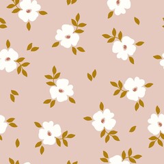 Seamless vintage pattern. white flowers and golden leaves . Pink background. vector texture. fashionable print for textiles, wallpaper and packaging.