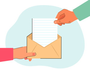 Hand taking letter out of envelope flat vector illustration. Person receiving correspondence. Mail, message, post concept for banner, website design or landing web page