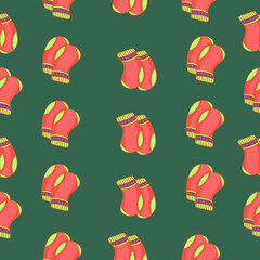 Autumn seamless pattern on a green background with cozy socks. Hand drawn autumn socks. Texture for scrapbooking, wrapping paper, invitations.