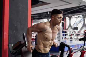 Fototapeta na wymiar Young muscular man doing dips in the gym.