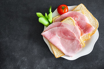 sandwich ham meat pork sausage fresh healthy meal food snack diet on the table copy space food...