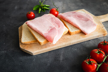 sandwich ham meat pork sausage fresh healthy meal food snack diet on the table copy space food background rustic top view
