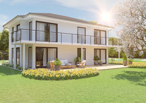 3D illustration. new house with garden. spring time