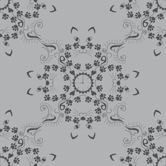 Original cat heads around a clock, with cat paws. Nine hours, nine lives. Seamless pattern. Background grey. Vector illustration.