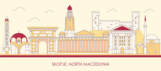 Cartoon Skyline panorama of city of Skopje, North Macedonia - vector illustration