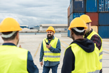 Multiracial people working together at Freight Terminal Port - Focus on center man face
