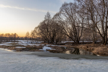 Melting ice and snow. Spring landscape, evening forest with a river. The beginning of spring. Awakening of nature. Charming landscapes of spring nature.