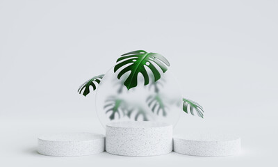 Terrazzo marble podium with rounded glass for product presentation. Natural beauty pedestal, relaxation and health, 3d illustration