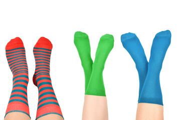 Woman in blue socks isolated on white background. Top view.