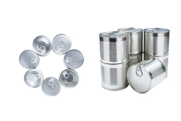 Group of silver canned food on white background.