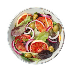 Bowl of delicious sicilian orange salad isolated on white, top view