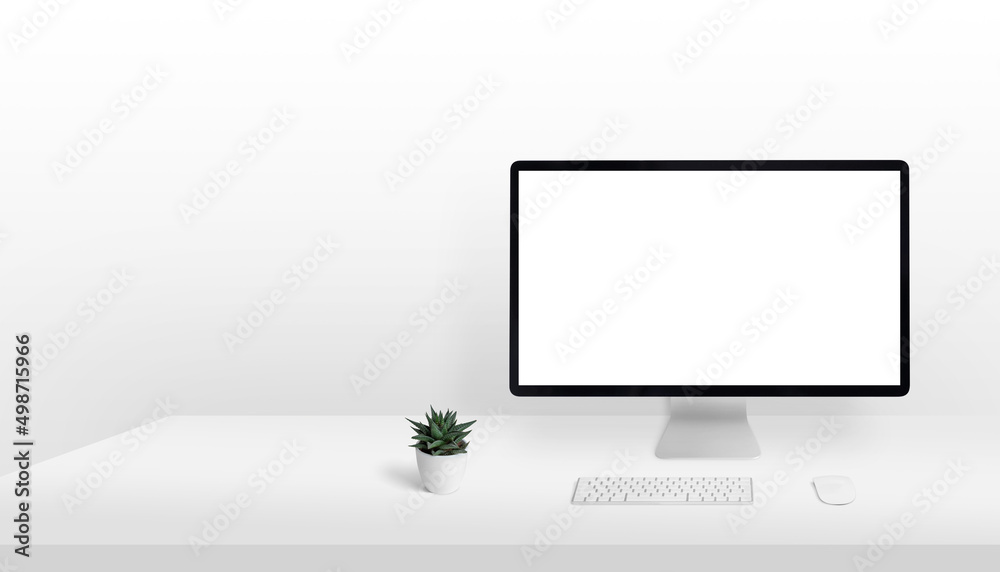 Aufkleber Computer display mockup on work desk with copy space beside. Clean, light composition. Isolated screen for page presentation