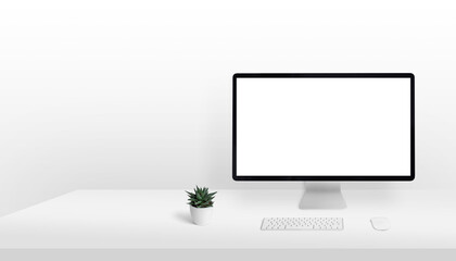 Computer display mockup on work desk with copy space beside. Clean, light composition. Isolated screen for page presentation