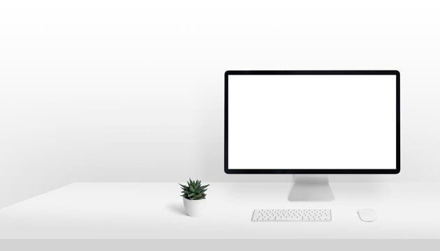 Computer Display Mockup On Work Desk With Copy Space Beside. Clean, Light Composition. Isolated Screen For Page Presentation