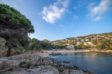 Fototapeta na wymiar Scenic sea view on a sunny day. Bright greenery and azure sea. Mediterranean Sea, Costa Brava, Spain.
