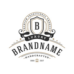 Luxury logo template vector object for logotype or badge design. Trendy vintage royal style illustration, good for fashion boutique, alcohol or hotel brand