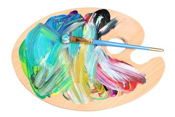 Palette with paints and brush on white background, top view. Artist equipment