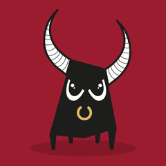 Cartoon taurus. Zodiac sign. An angry bull with a ring. Vector illustration of the character. Horoscope. Bullfighting.