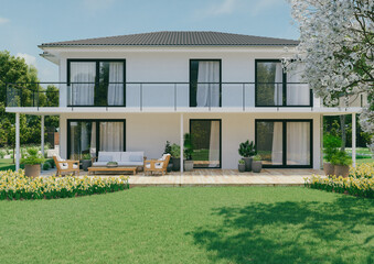 3D illustration. new house with garden. spring time - 498717108