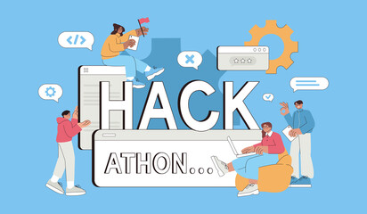 Hackathon flat vector illustration. Business people team of programmers, web developers, project managers and graphic designers work together for develop, create program. Software development concept.