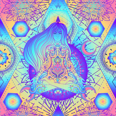 Obraz na płótnie Canvas Psychedelic seamless pattern with magic girl sitting and meditation in lotus position over geometry. Vector repeating illustration. Psychedelic concept. Rave party, trance music. Esoteric art.