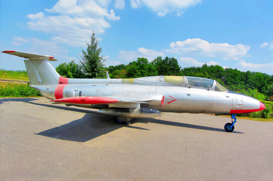 Training airplane jet Aero L-29 Delfin produced in Czechoslovakia exhibited in the second world war museum. Kharkiv, Ukraine - August 21. 2021