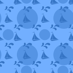 A ship in the sea on the waves against the background of the orange sun. Summer holiday concept. Yacht sea. Seamless pattern